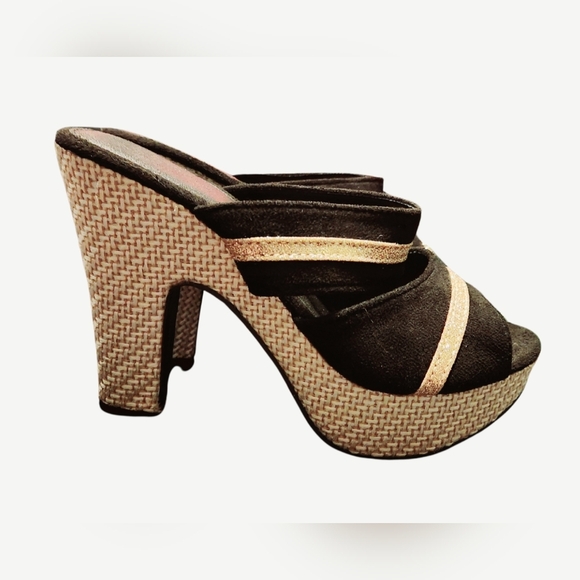 Black with Gold Stripe Platform/Wedge Heels - Picture 3 of 4